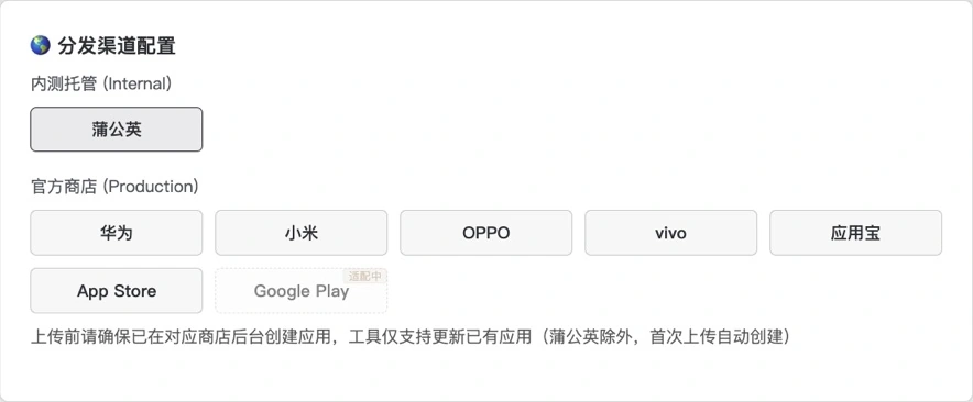 Flu-CLI 实际分发界面,完整展示蒲公英、华为、小米、OPPO、vivo、应用宝、App Store 和适配中的 Google Play